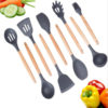 Silicone Kitchen Tools Wooden Handle Cookware set, Spoon, Spatula, Fire-resistant Cooking Set - Image 3