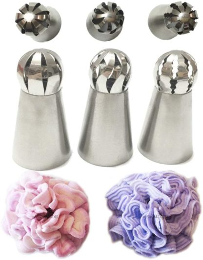 3pcs New Ball Russian Stainless Steel Tips Tulip Sphere Whip Cream Buttercream Icing Piping Nozzles DIY Baking Tools Small Torch for Decoration Cupcake Fondant Cake or any Pastry (3 pcs Ball Russian tips)