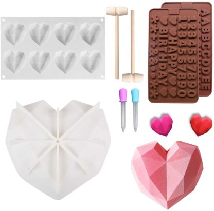 Silicone Chocolate Cake Molds Diamond Heart Shape with Wooden Hammers Pounding Toy and Letters Happy Birthday/Numbers Molds