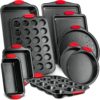 10-Piece Carbon Steel Nonstick Bakeware Baking Tray Set w/Heat Red Silicone Handles, Oven Safe, Cookie Sheet