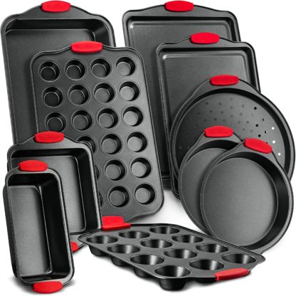10-Piece Carbon Steel Nonstick Bakeware Baking Tray Set w/Heat Red Silicone Handles, Oven Safe, Cookie Sheet